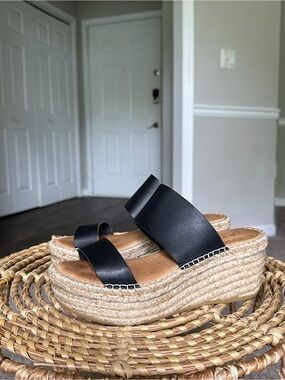 Macarena Black Platform Espadrille Slide Sandals with Double Straps Women’s 37